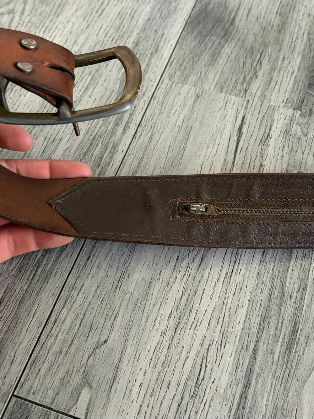True Vintage 1950 Brown Leather Belt Brass Buckle Hidden Talon Zipper Sz 30-32